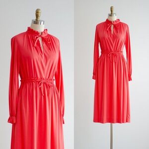 pink skirt set 70s vintage bright coral orange silky long sleeve shirt and skirt